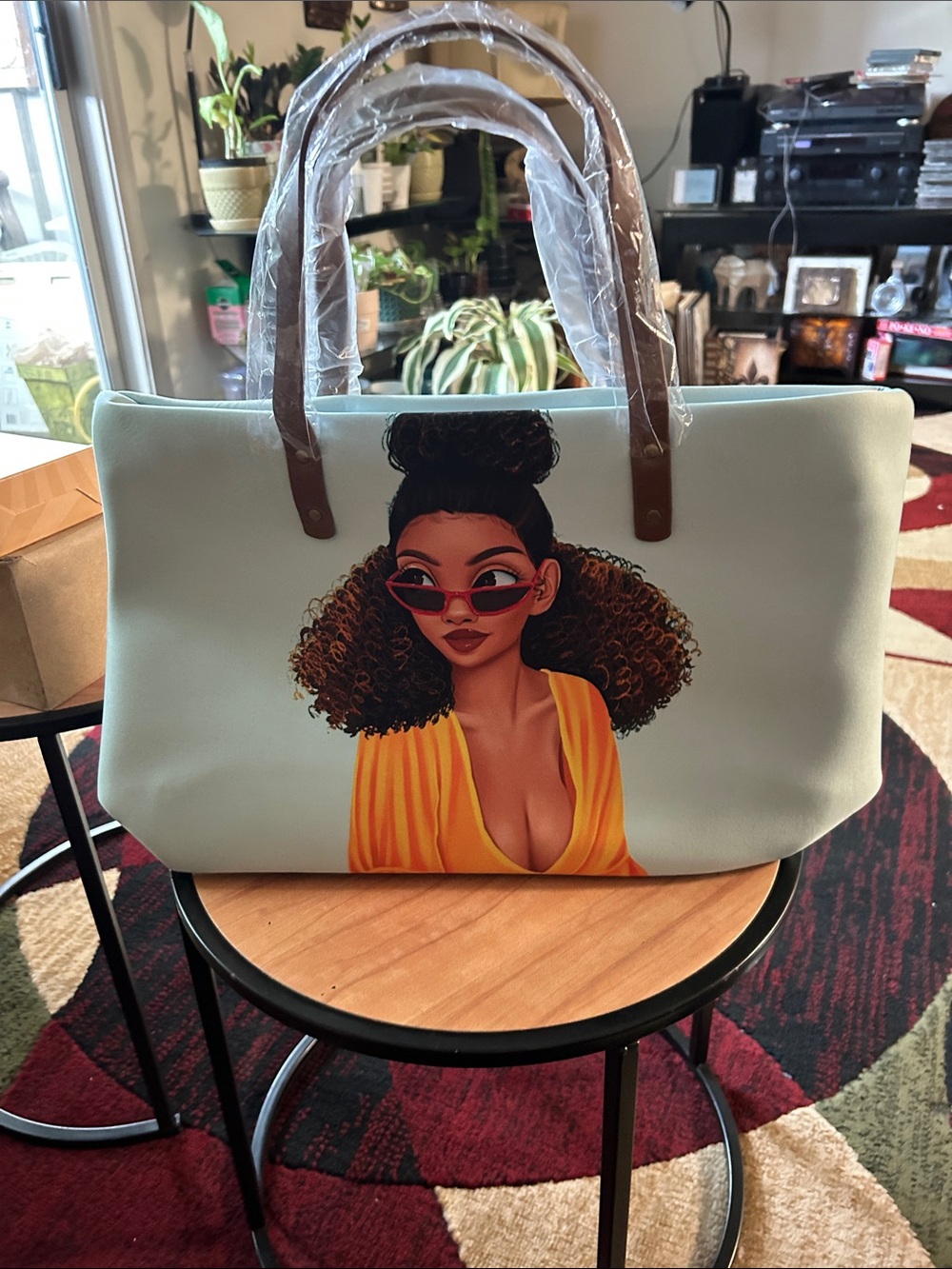 Stylish Illustration Tote Bag in Light Mint with Yellow Accents